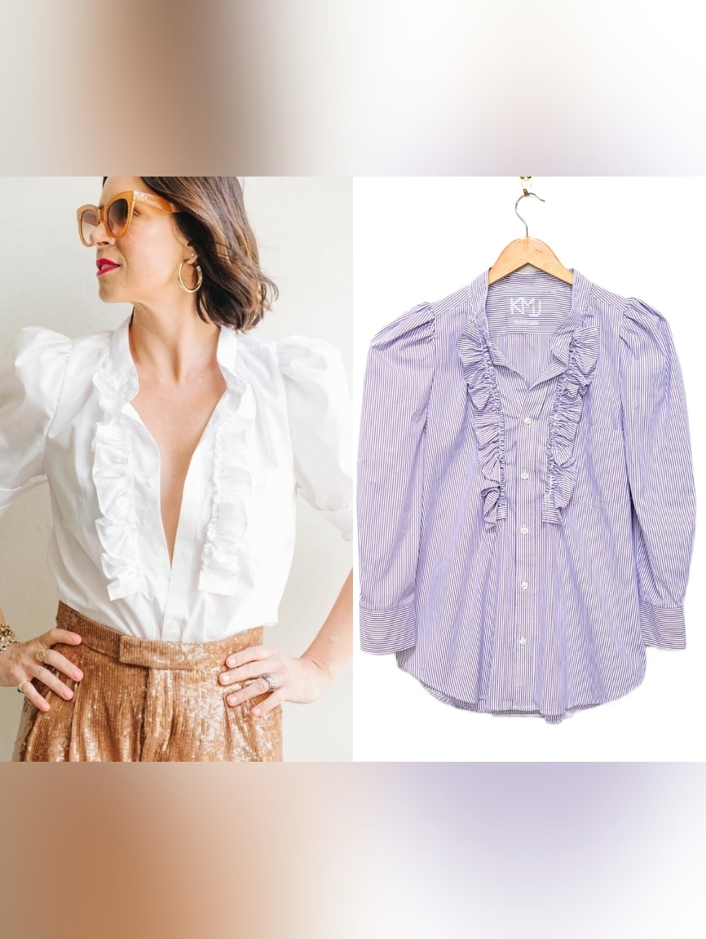 Kate McHale Jensen Cleo Button Down Shirt Ruffled Purple White Stripe Size M
